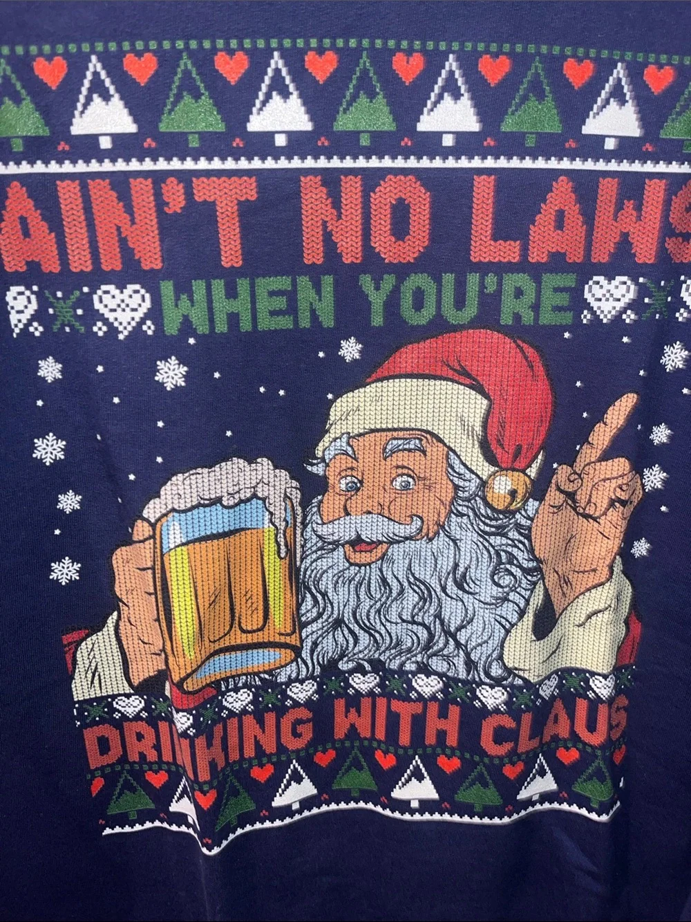 Port and Company Navy Graphic Holiday Sweatshirt with Santa Beer Design NWOT